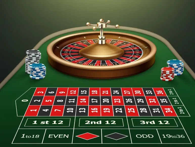Image 176 - Roulette table with chips and wheel.
