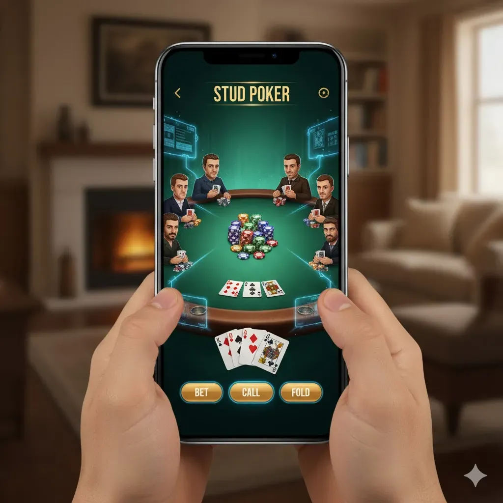 Stud Poker - Mobile game screenshot with poker table.
