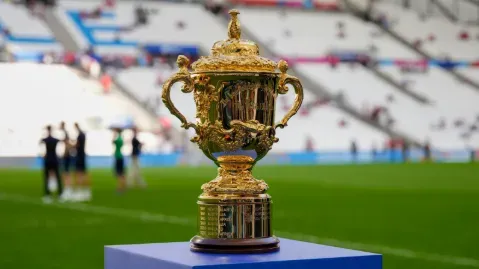 Rugby World Cup - Trophy photo on field.