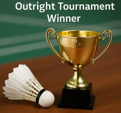 Outright Tournament - Photo with trophy and shuttlecock.