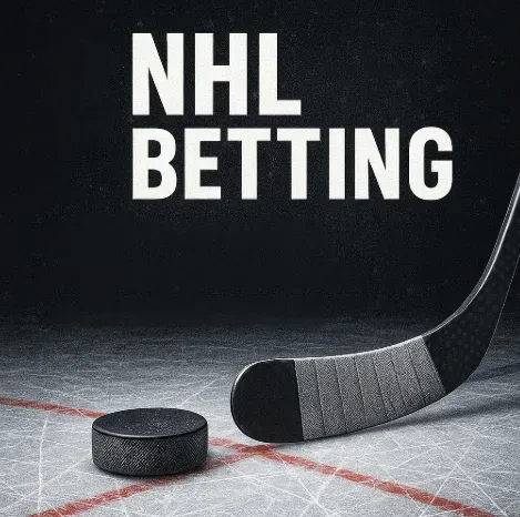 NHL Betting - Banner with puck and hockey stick.