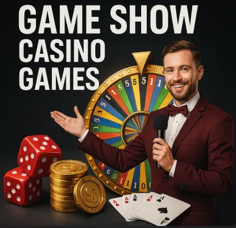 Image 266 - Portrait with game show host and casino elements.