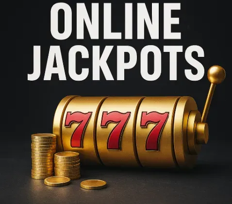 Online Jackpots - Banner with slot machine and coins.