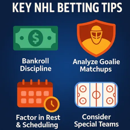 Key NHL Betting Tips - Infographic with icons.