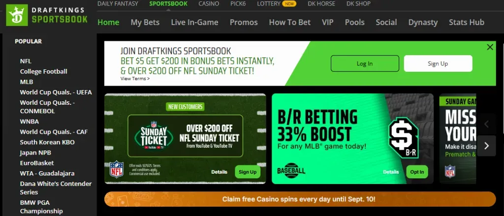 DraftKings - Banner with sports betting offers.