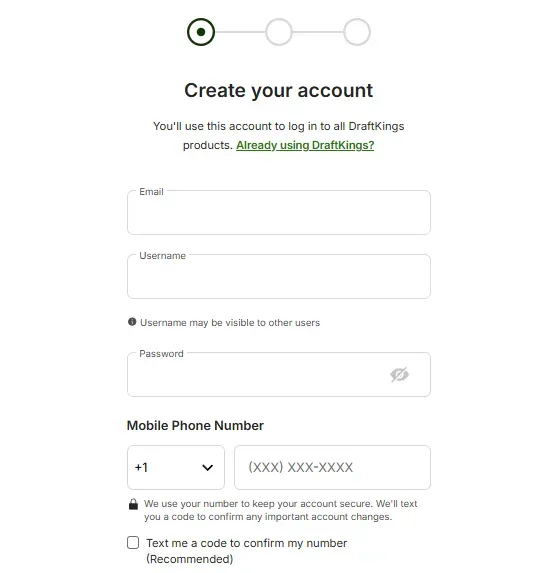 DraftKings - Account Creation Form with input fields.