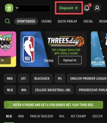 DraftKings - Product photo with deposit feature.