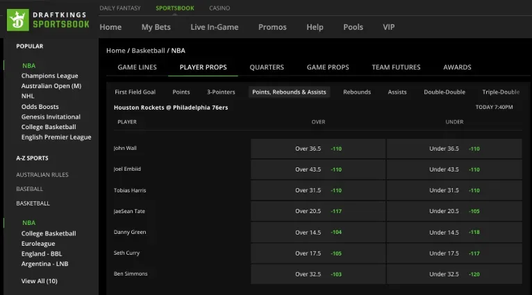 DraftKings - Screenshot with NBA player props.