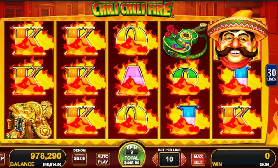 Chili Chili Fire - Game screenshot with fiery symbols.