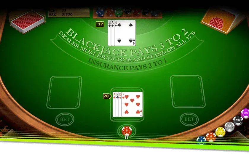 Blackjack Game - Table with cards and chips.
