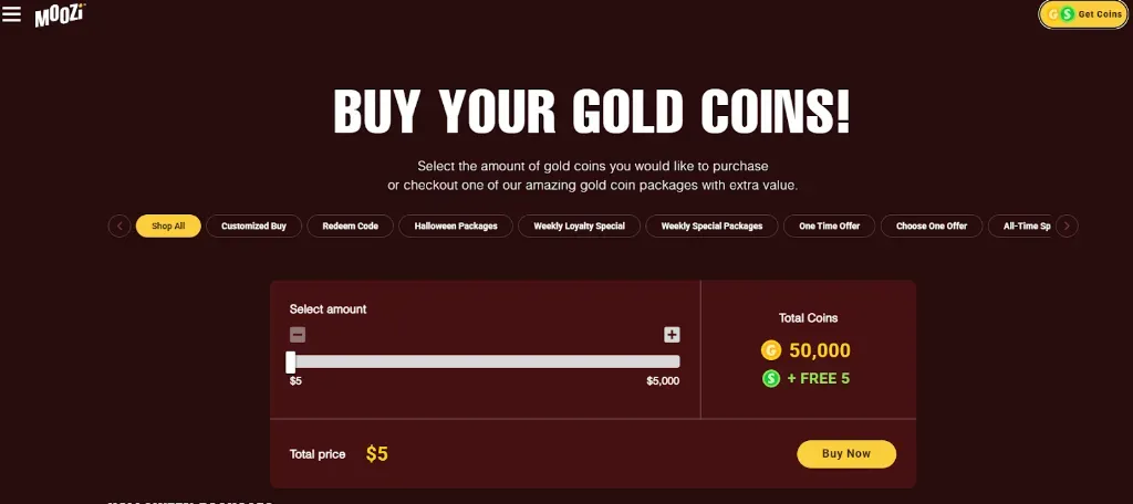 MooZi - Banner with gold coin purchase options.