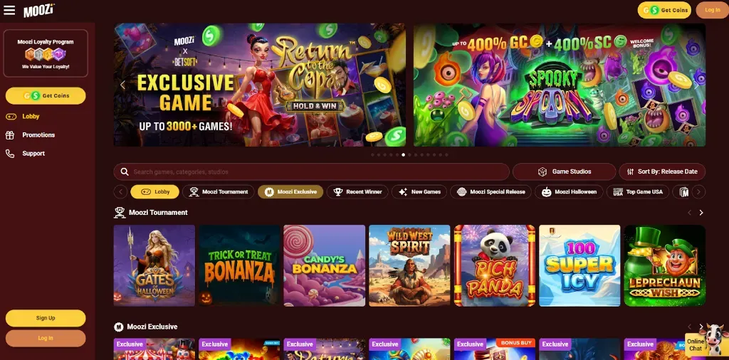 Moozi - Banner with exclusive game promotions.