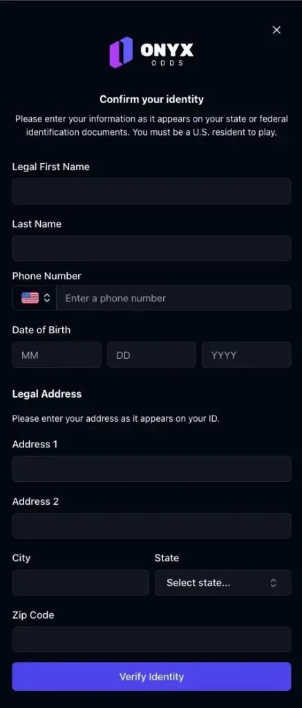 Onyx Odds - Banner with identity verification form.