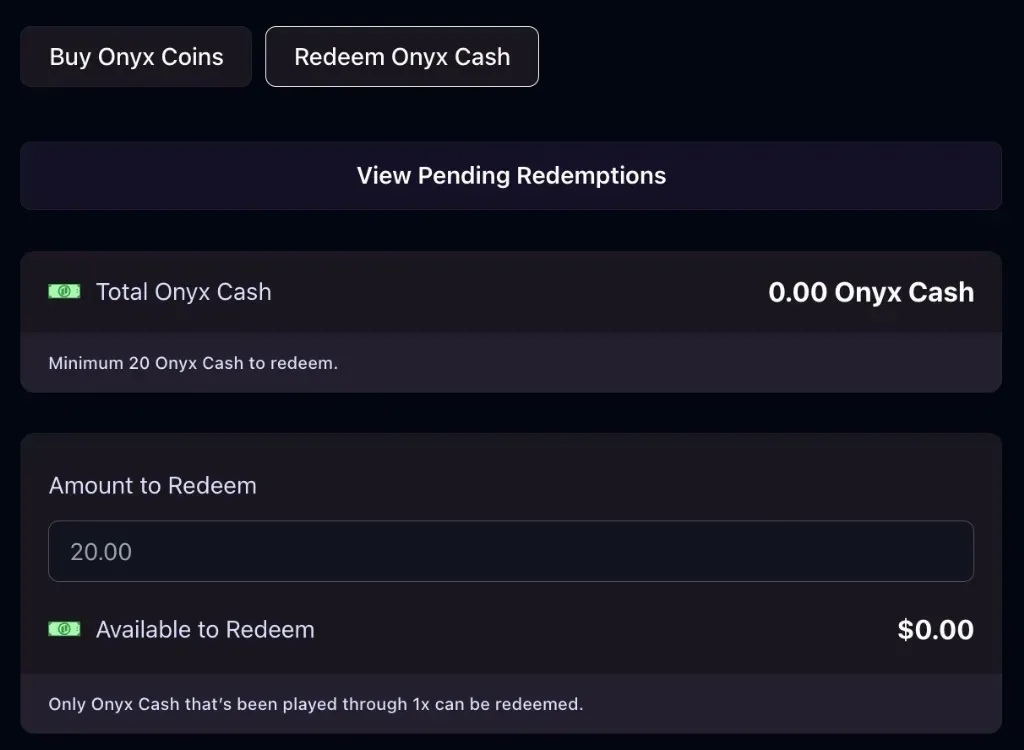 Onyx Cash - Screenshot with redemption details.