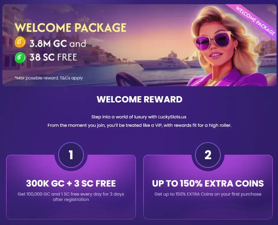 LuckySlots - Banner with welcome package details.