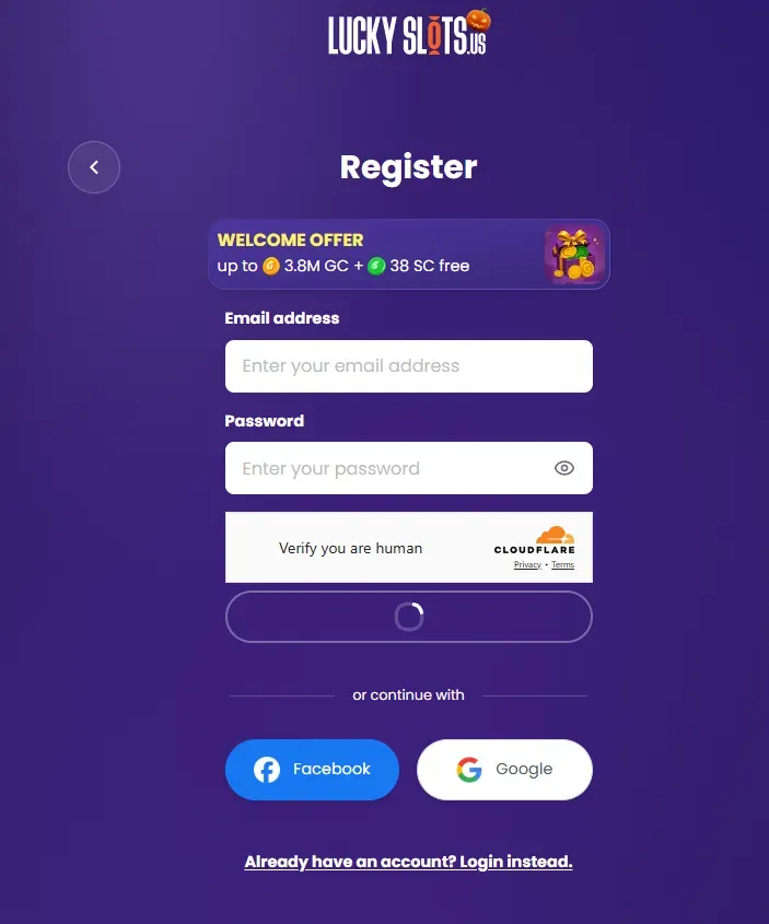 Lucky Slots - Registration banner with offer details.