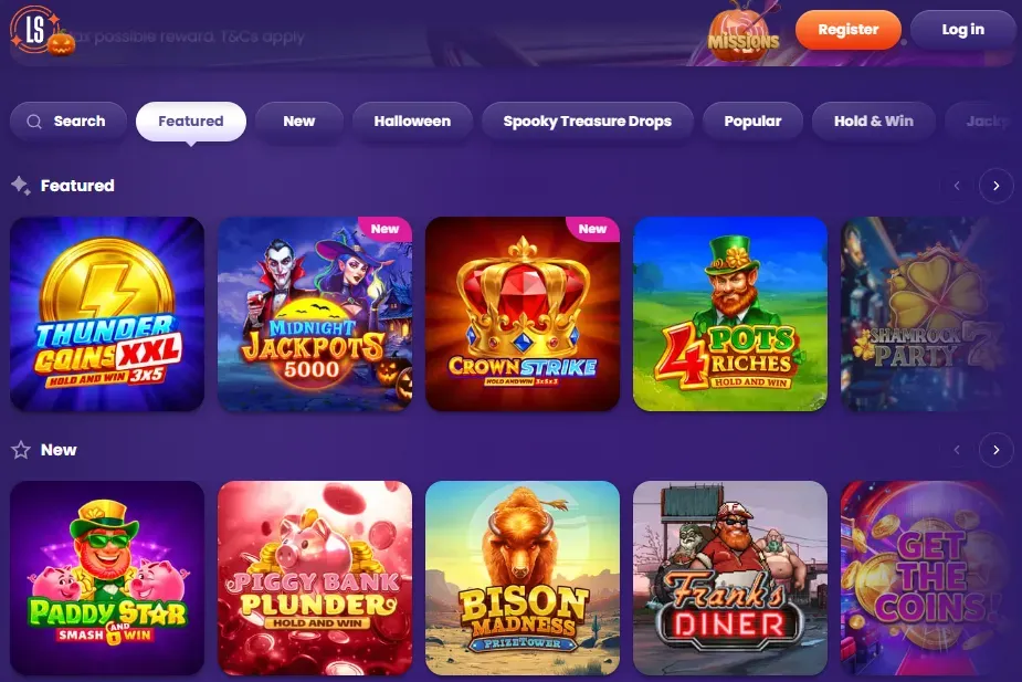 LS - Banner with featured slot games display.