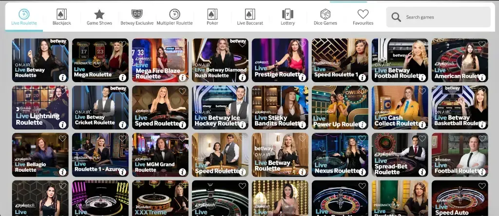 Betway - Banner with various live roulette games.