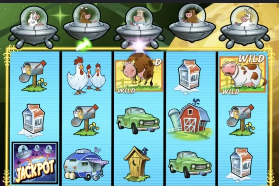 Invaders from the Planet Moolah - Gameplay with aliens and farm symbols.