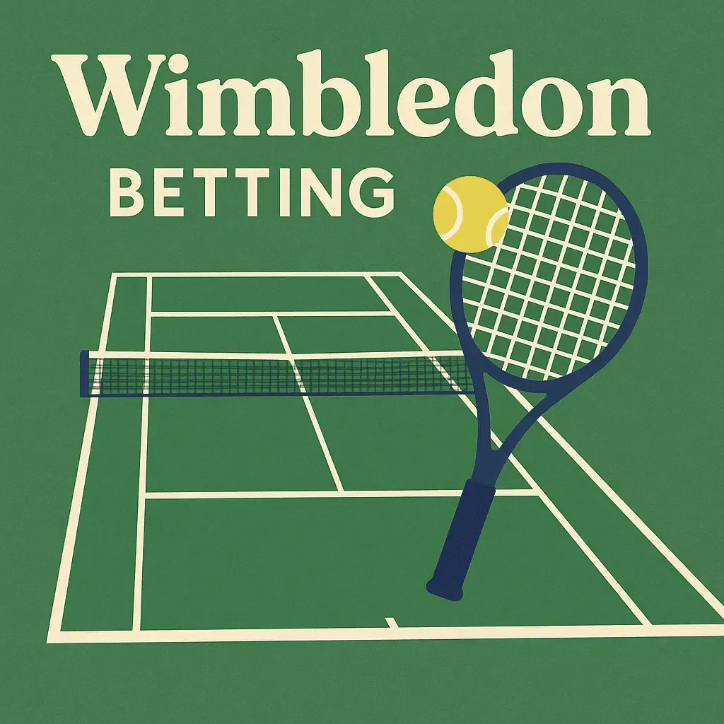Wimbledon Betting - Banner with tennis court and racket.