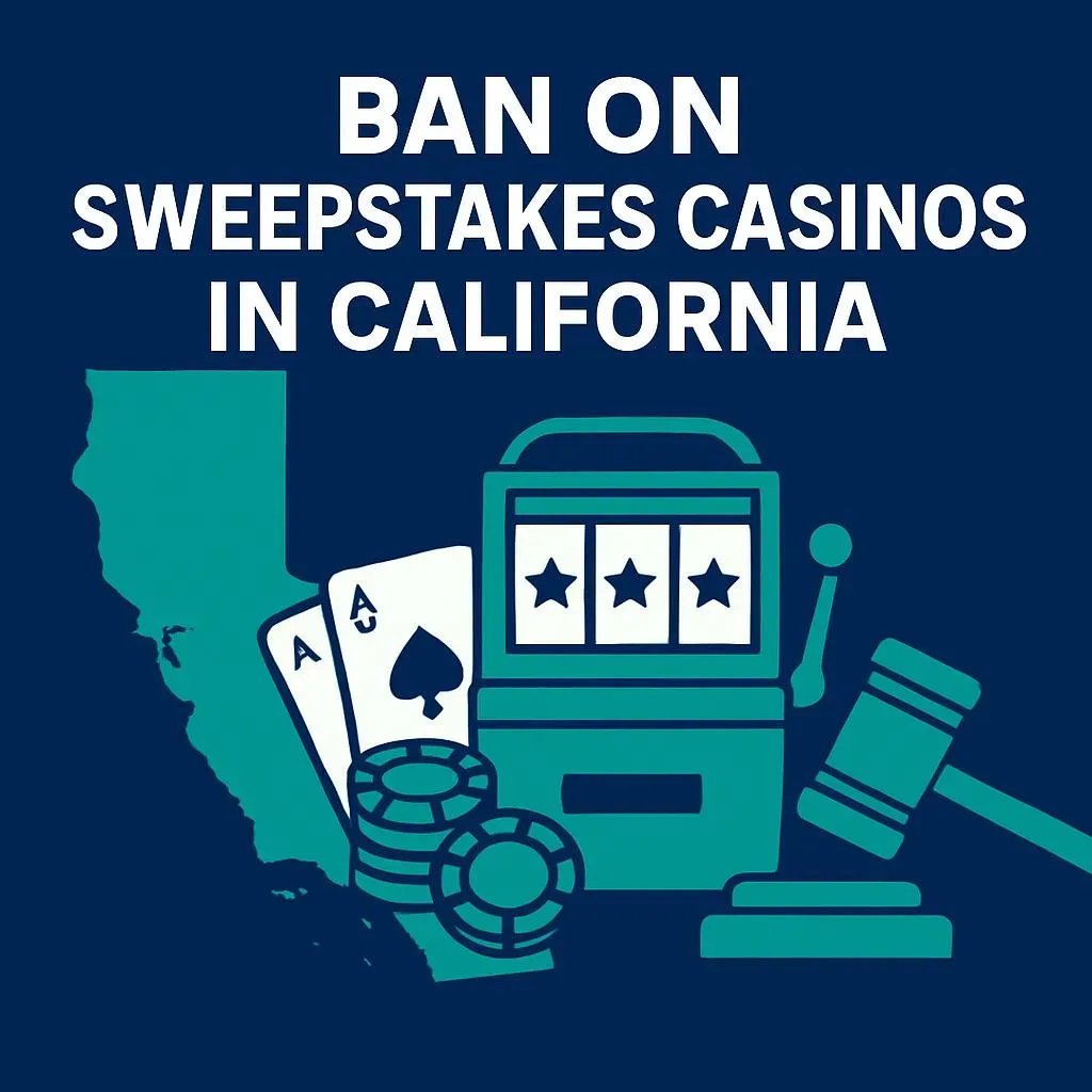CA Sweepstakes Casino Ban - Banner with gaming icons.
