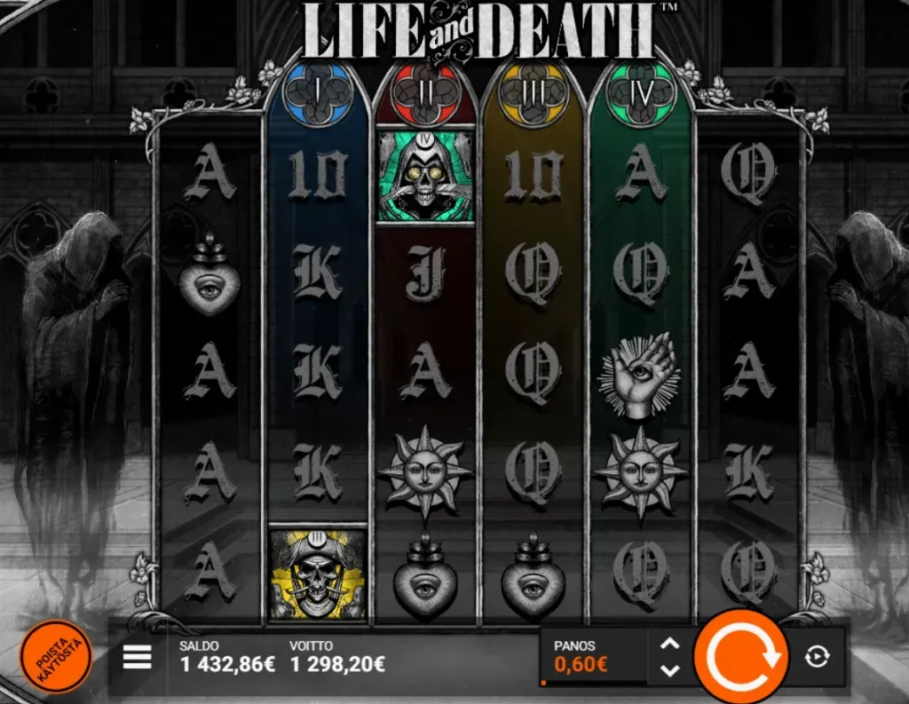Life and Death Slots - Game interface with reels.