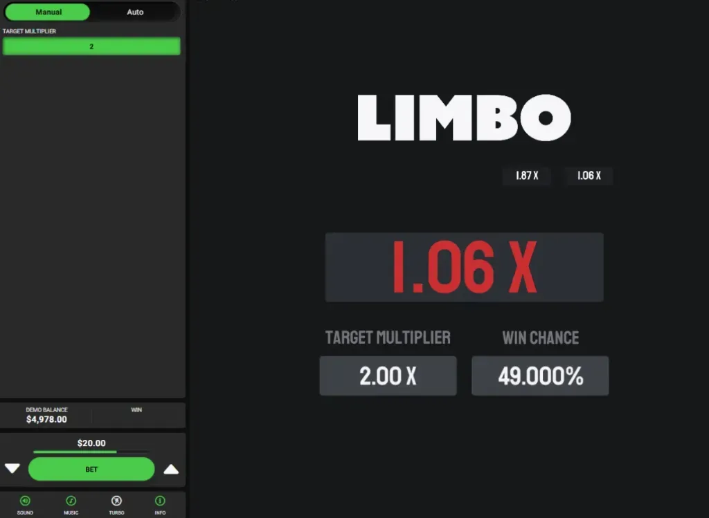 Limbo - Gameplay interface with multiplier stats.