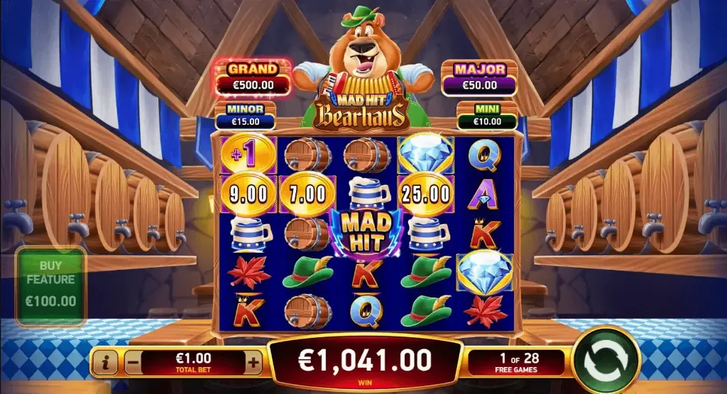 Mad Hit Bearhaus - Game screenshot with slot reels.