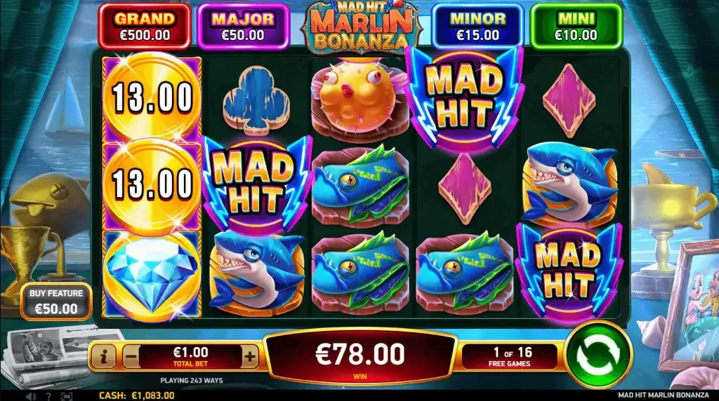 Mad Hit Marlin Bonanza - Product photo with game symbols.