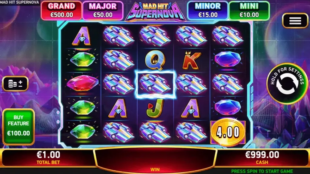 Mad Hit Supernova - Slot game screen with gems.
