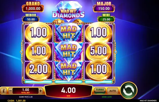 Mad Hit Diamonds - Game screenshot with reels and coins.