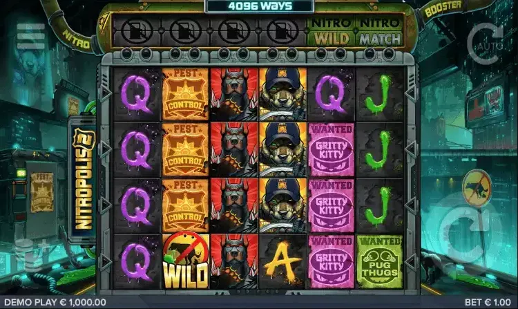 Nitropolis 2 - Banner with vibrant slot game reels.