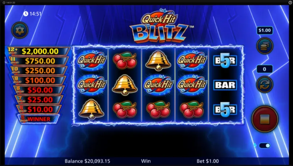 Quick Hit Blitz - Product photo with slot game interface.
