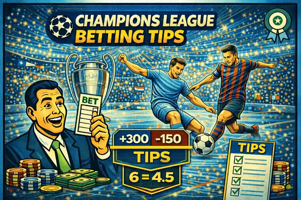 Champions League Betting Tips - Banner with players and trophy.