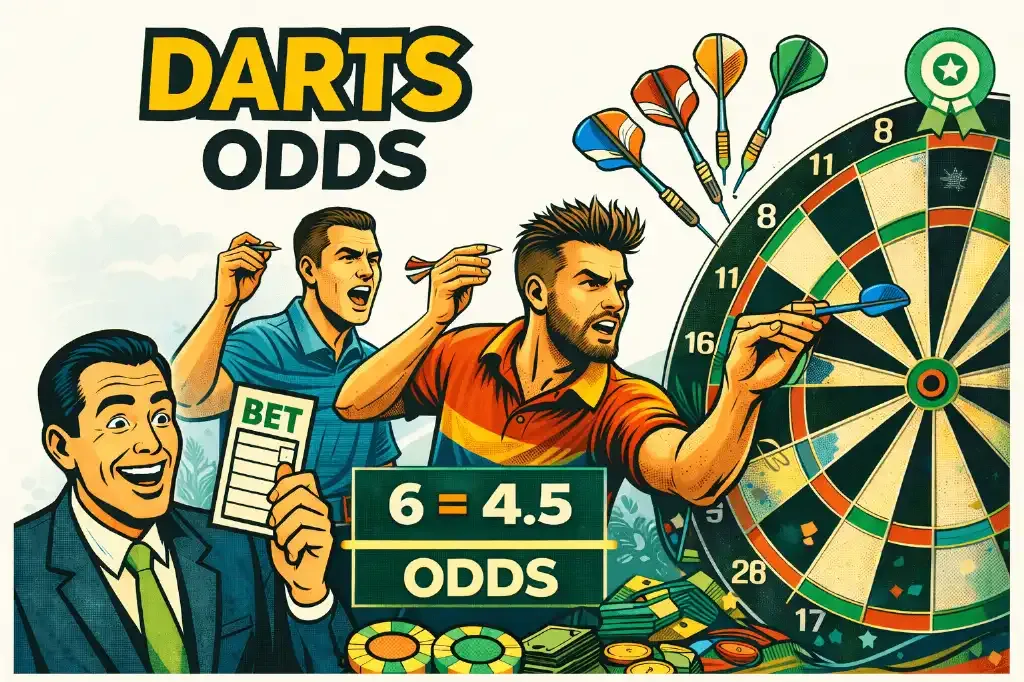 Darts Odds - Banner with players and dartboard.