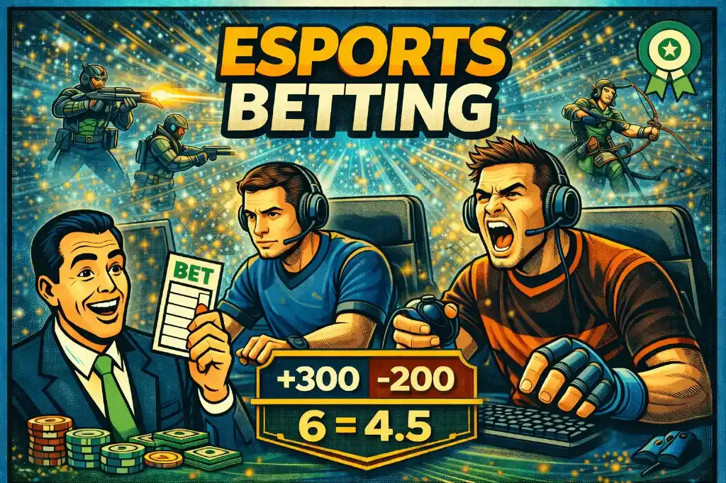 Esports Betting - Banner with gamers and stats.