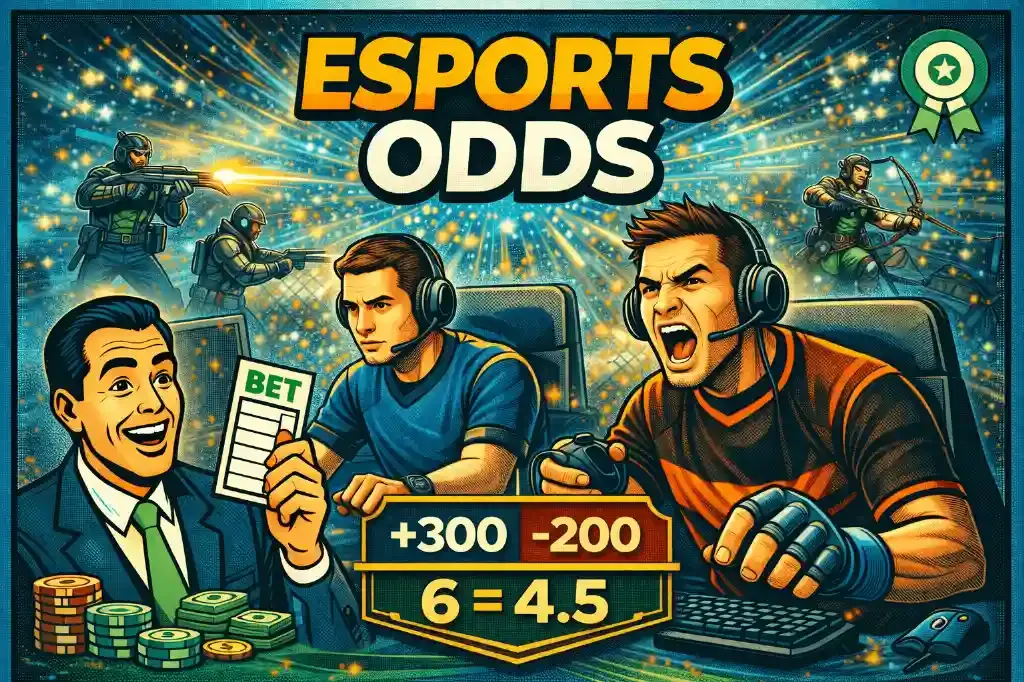 Esports Odds - Banner with betting details and gamers.