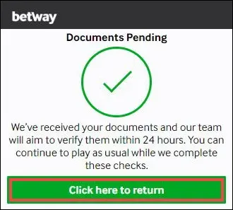 Betway - Banner with documents pending notification.