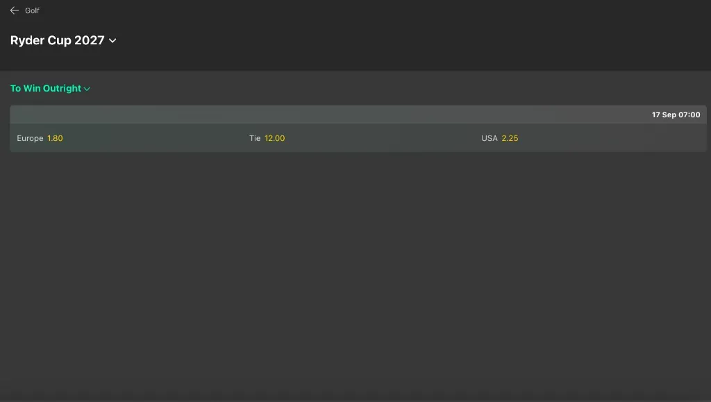 Ryder Cup 2027 - Betting odds display with teams.