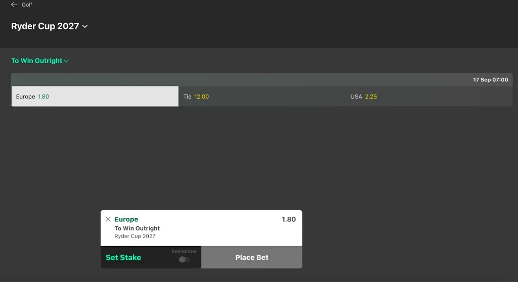 Ryder Cup 2027 - Betting interface with odds.