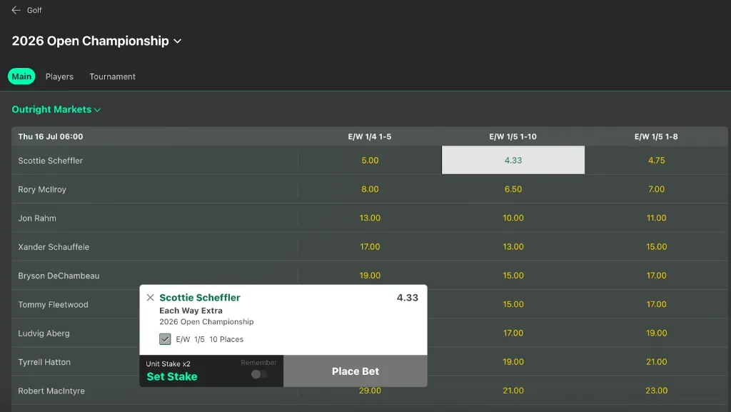 2026 Open Championship - Screenshot with betting odds.