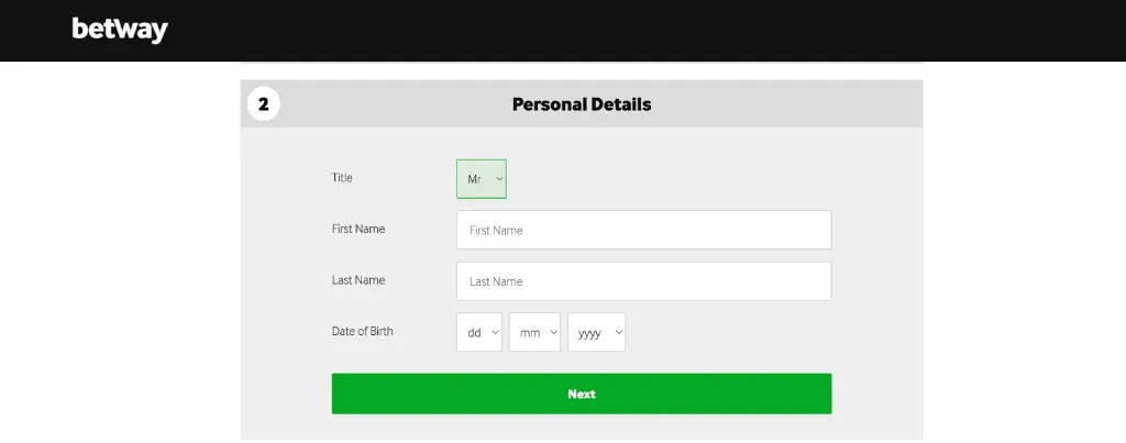 Betway - Form screenshot with personal details.
