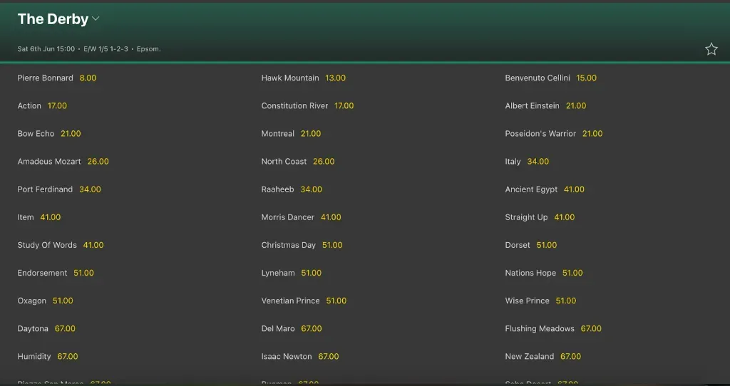 The Derby - Banner with horse racing odds.