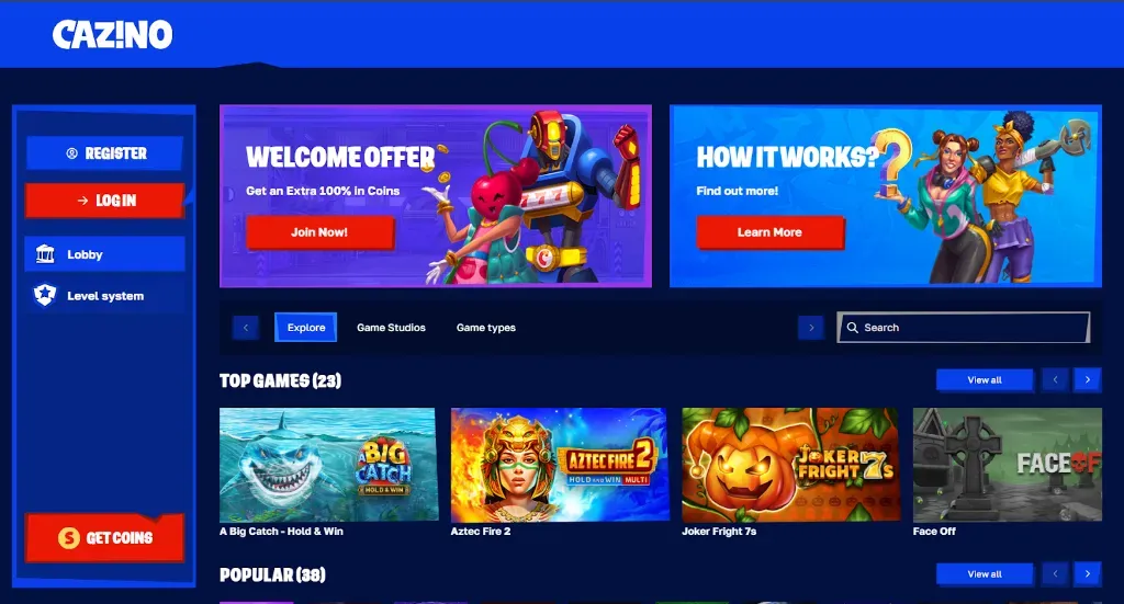 Cazino - Website banner with game offerings.
