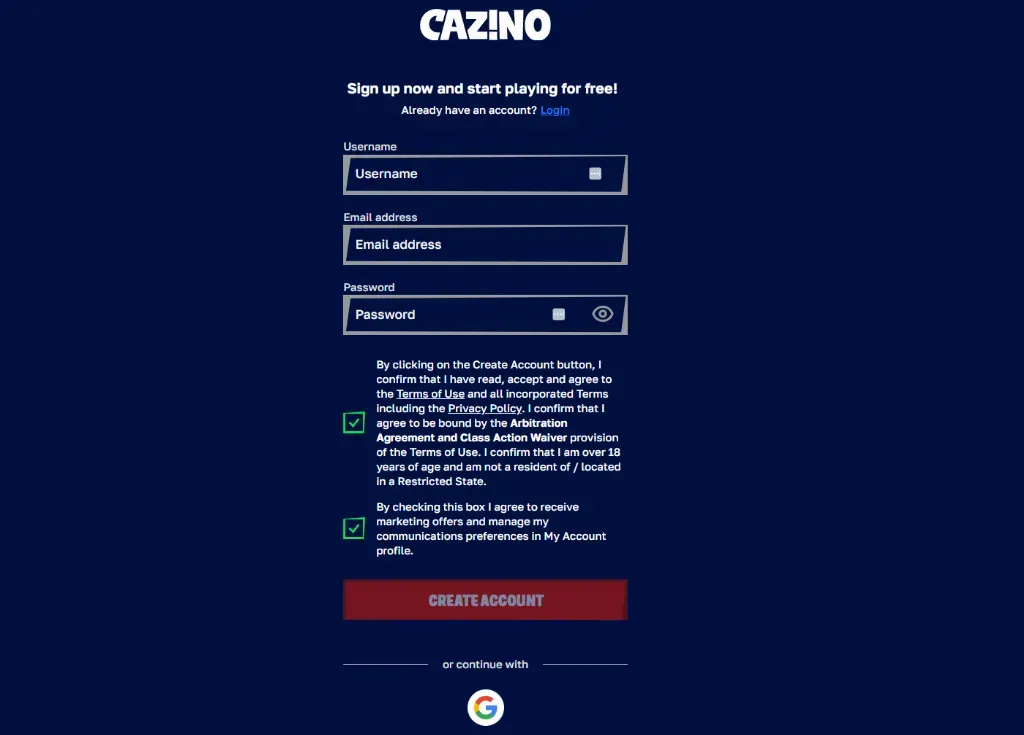 Cazino - Banner with account signup form.