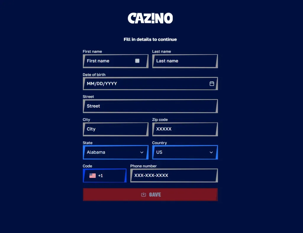 Cazino - Form screenshot with user details.