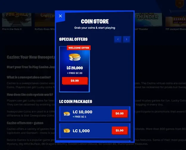 Cazino - Banner with coin store offers.
