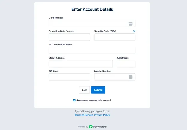 PayNearMe - Screenshot with account details form.