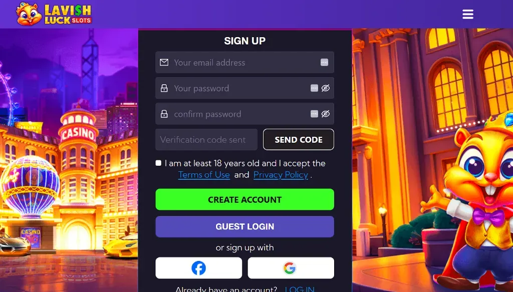 Lavish Luck Slots - Banner with casino background.