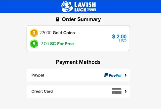 Lavish Luck Slots - Order Summary with payment options.
